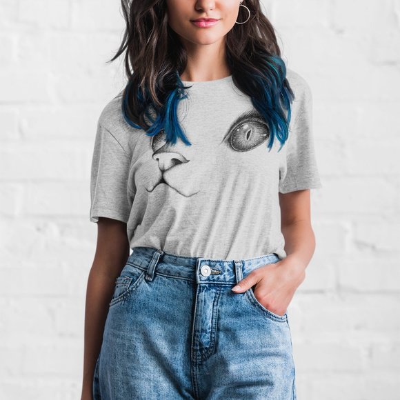 Women's Fashion Summer Casual Short Sleeve Round Neck Hand Drawn Cat Unisex Tee - Picture 4 of 7